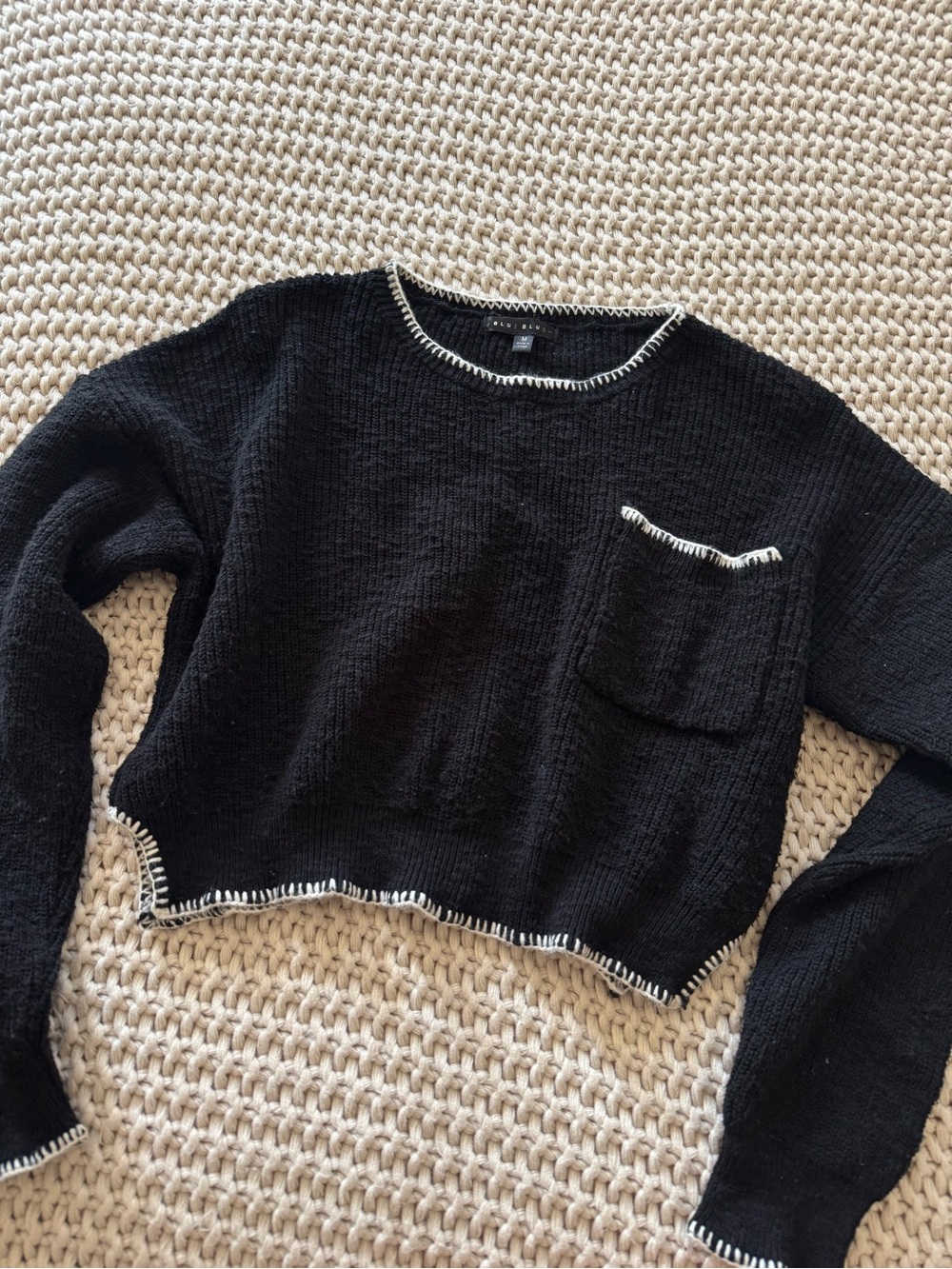 Blue Blush Black Cropped Crewneck Sweater with White Trim